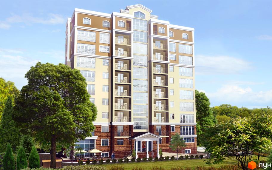 Клубний будинок Irpin Residence - це багатоповерхова новобудова з балконами та великими вікнами. Навколо будинку розташований зелений двір з деревами та місцями для відпочинку.