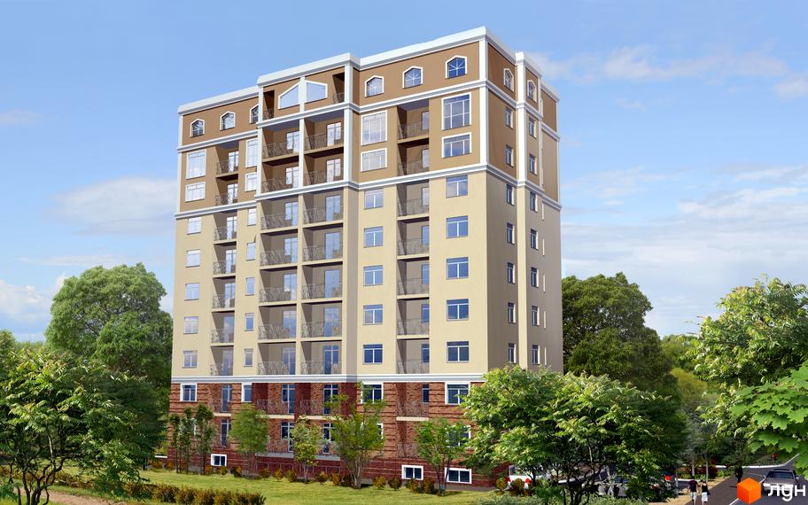 Зовнішній вигляд клубного будинку Irpin Residence з цегляним цоколем та балконами. Навколо будинку зелена прибудинкова територія з деревами та доріжками.