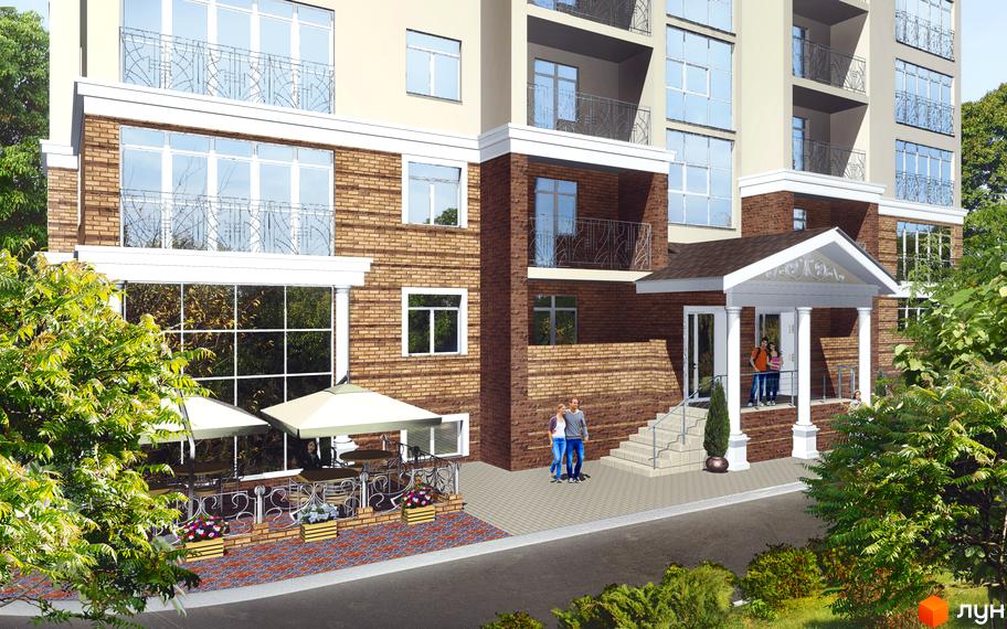 Клубний будинок Irpin Residence з цегляним фасадом та великими вікнами. Біля будинку розташована тераса з парасольками та зона відпочинку.