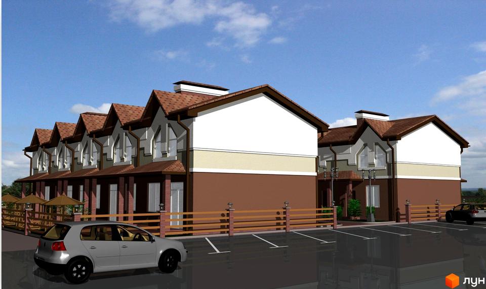 Зовнішній вигляд житлового комплексу на вул. Прорізна, 13а. Навколо будівель розташована прибудинкова територія з парковкою та парканом.