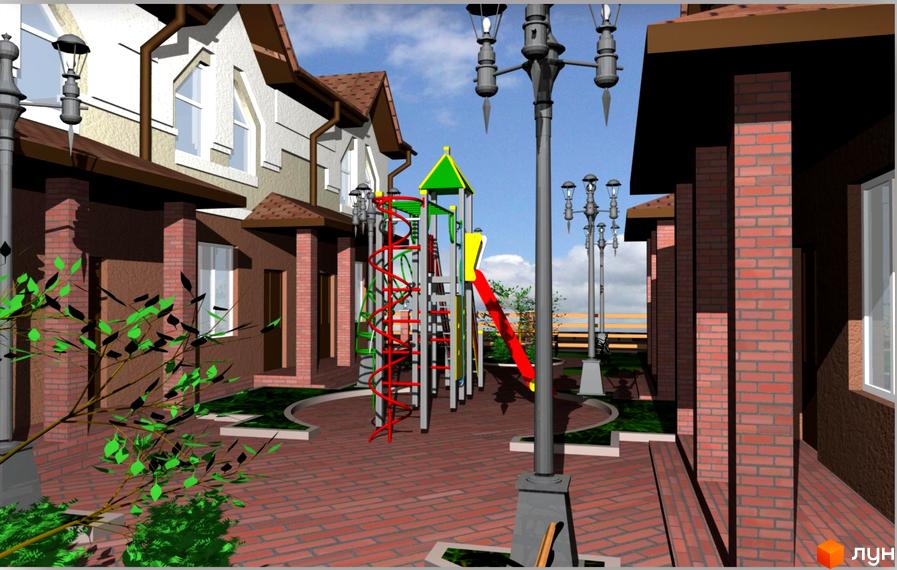 Зовнішній вигляд будинків житлового комплексу на Прорізній, 13а. Прибудинкова територія з дитячим майданчиком та вуличним освітленням.