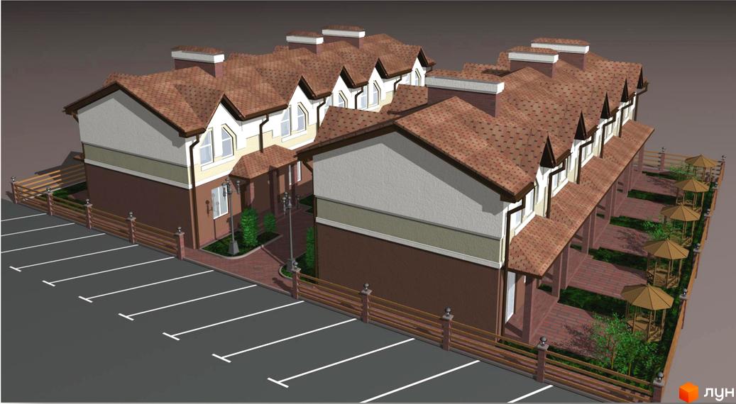 Зовнішній вигляд житлового комплексу на вул. Прорізна, 13а, з парковкою та альтанками. Опис новобудови з коричневою цегляною кладкою та світлими фасадами.