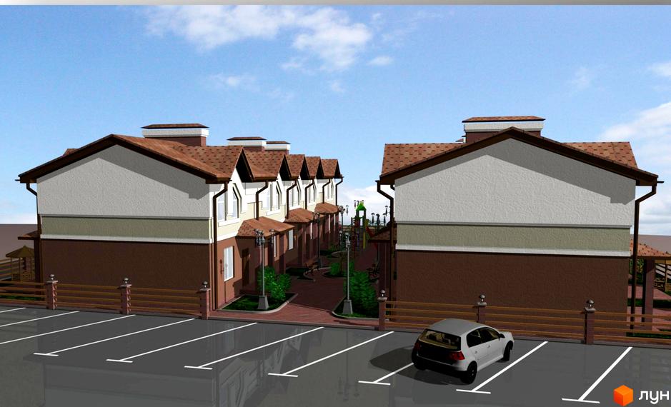 Зовнішній вигляд будинків житлового комплексу на вул. Прорізна, 13а. Територія з парковкою та дитячим майданчиком.