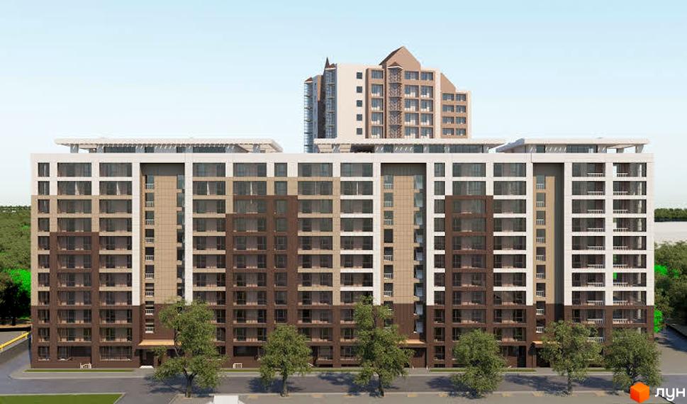 Зовнішній вигляд новобудови ЖК Кращий будинок з коричневими та бежевими фасадами, великими вікнами та балконами. Перед будинком розташовані дерева та дорога.