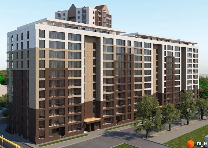 Зовнішній вигляд новобудови Кращий будинок з коричневими та бежевими фасадами, великою кількістю вікон та балконів. Навколо будинку зелені дерева та доглянута прибудинкова територія.