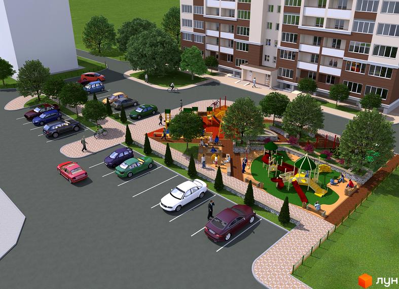 Житловий комплекс Затишна Оселя: багатоповерховий будинок з коричнево-білим фасадом та прибудинковою територією з дитячим майданчиком та парковкою.