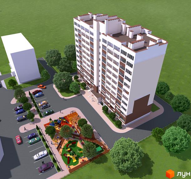 Зовнішній вигляд багатоповерхового будинку ЖК Затишна Оселя з сучасним дизайном та прибудинковою територією з дитячим майданчиком та парковкою.