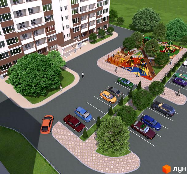 Зовнішній вигляд новобудови ЖК Затишна Оселя з дитячим майданчиком та парковкою. Огляд житлового комплексу з машинами та зеленими зонами.