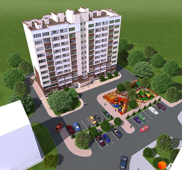 Житловий комплекс Затишна Оселя – це багатоповерхова новобудова з коричнево-білим фасадом, поруч розташований дитячий майданчик та парковка з автомобілями.