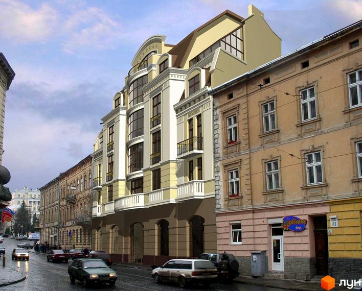 Житловий комплекс на вул. Рутковича, 11а, з фасадом у світлих тонах та балконами. Прибудинкова територія з автомобілями на вулиці.