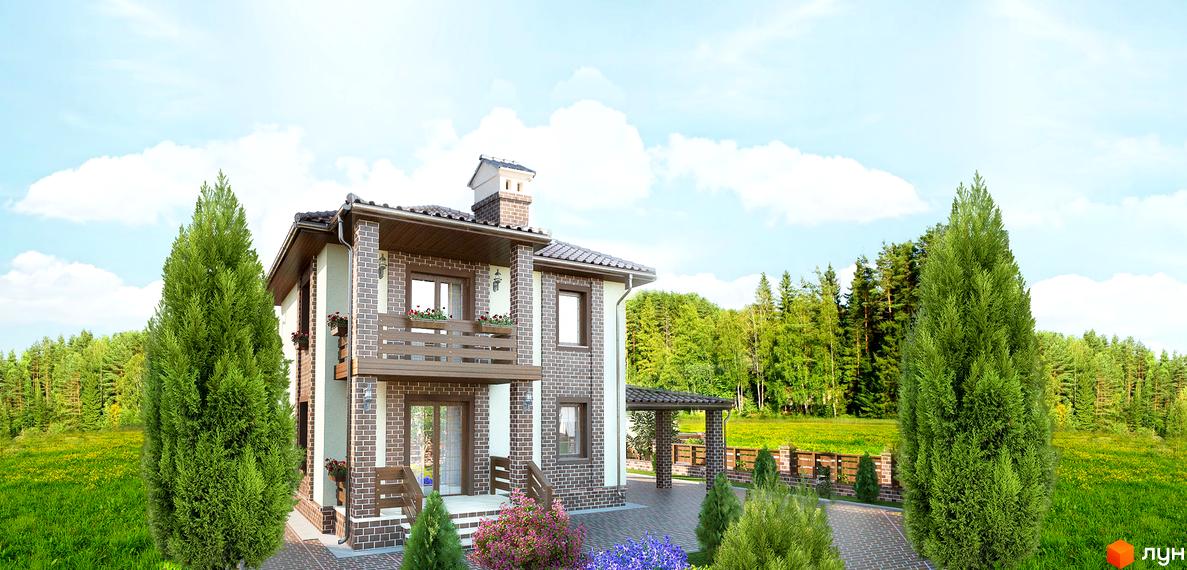 Котеджне містечко КМ Слободской: двоповерховий будинок з цегляним фасадом та балконом на другому поверсі, оточений зеленню та деревами. Навколо будинку доглянута територія з квітковими клумбами та парканом.