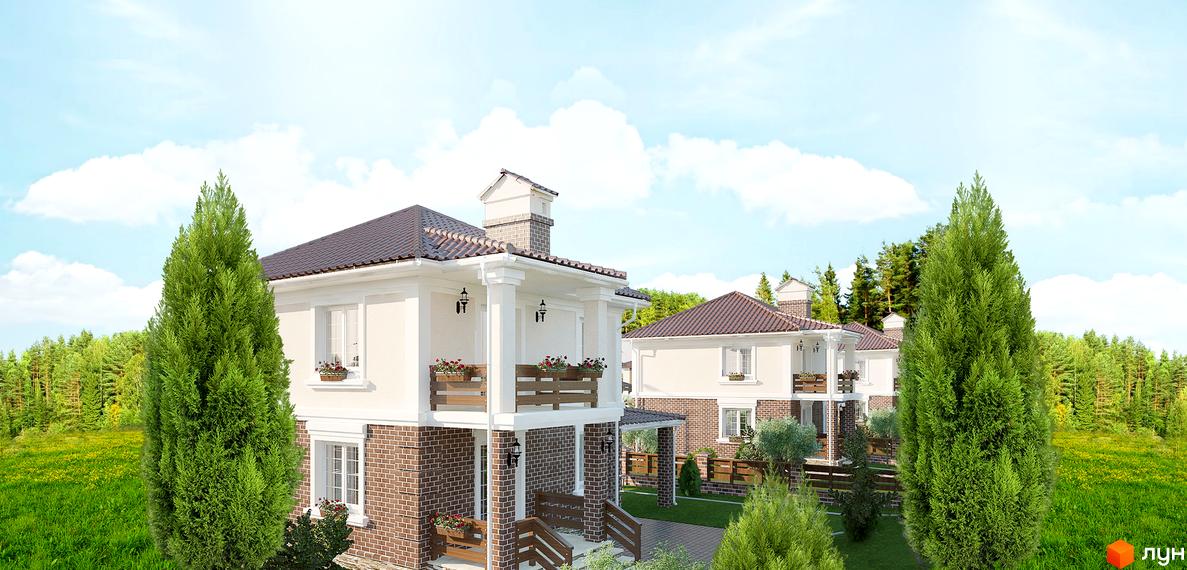 Котеджне містечко Слободской: двоповерхові будинки з цегляним цоколем, балконами та зеленими насадженнями. Навколо - ліс та галявина.