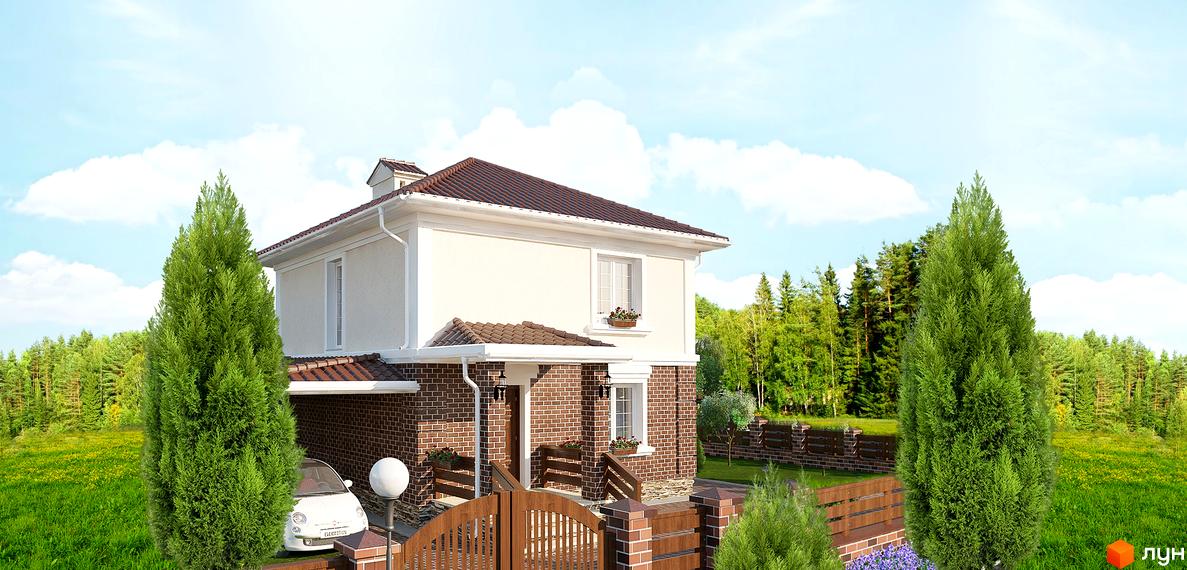 Котеджне містечко КМ Слободской: двоповерховий будинок з цегляним цоколем та коричневим дахом, оточений зеленню та парканом. Біля будинку стоїть білий автомобіль.