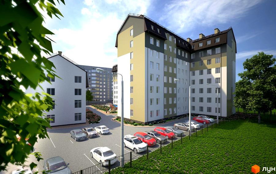 Житловий комплекс Карамель: фасади будівель у світлих тонах, паркінг з автомобілями, зелена галявина з деревами.