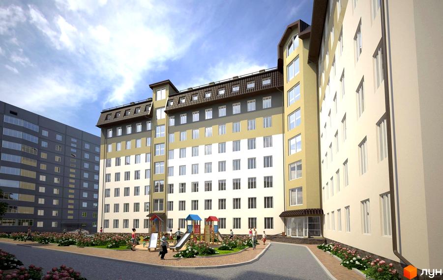 Зовнішній вигляд новобудови ЖК Карамель з дитячим майданчиком та клумбами. Сучасний житловий комплекс з багатоповерховими будинками та прибудинковою територією.