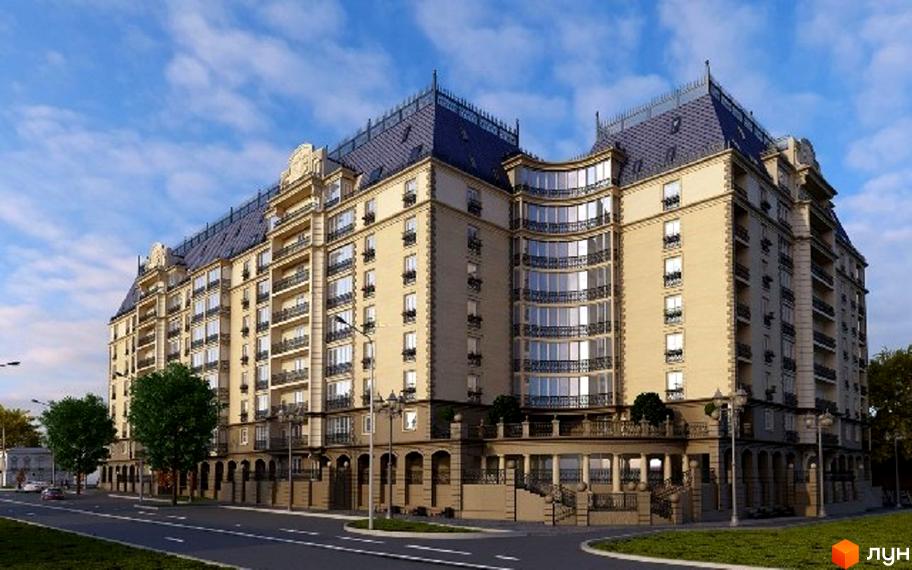 Фасад житлового комплексу Резиденція з балконами та еркерними вікнами. Поруч дорога та зелена зона.