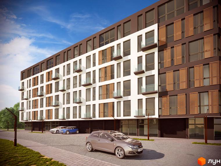 Новобудова ЖК SHUTTLE з біло-коричневим фасадом та дерев'яними елементами. Прибудинкова територія з парковкою та автомобілями.