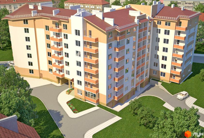 Житловий комплекс на вул. Тернопільська, 15б, з сучасним фасадом та прибудинковою територією з зеленими насадженнями.