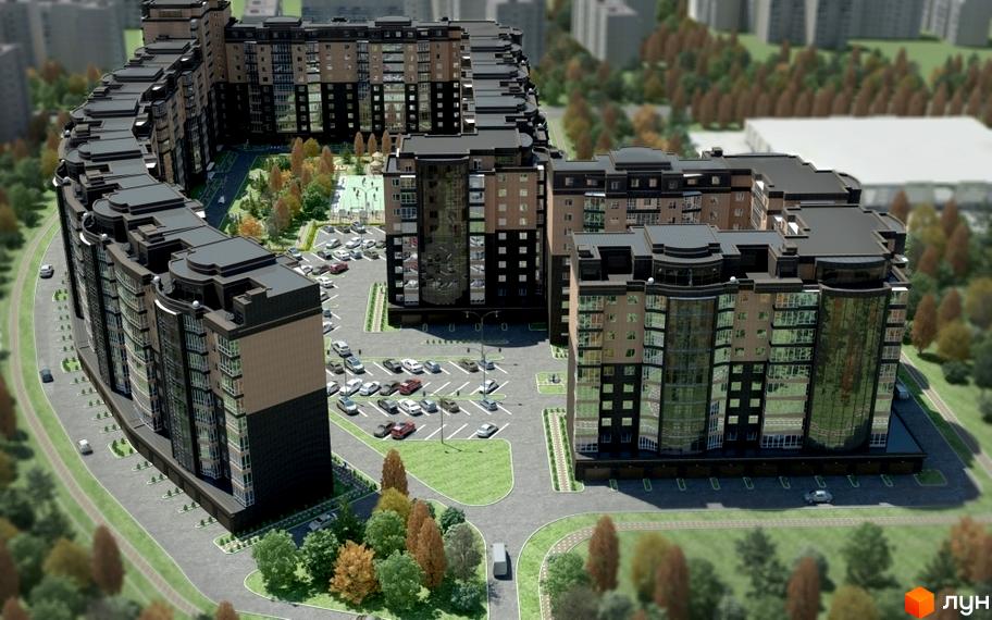 Зображення Житлового комплексу Набережний квартал. Вигляд новобудови та прибудинкової території з паркінгом, дитячим майданчиком та зеленими насадженнями.