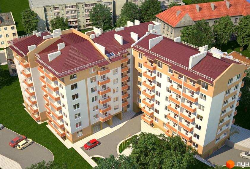 Житловий комплекс на вул. Тернопільська, 15б. Вид на фасад будинку з прибудинковою територією та зеленими насадженнями.