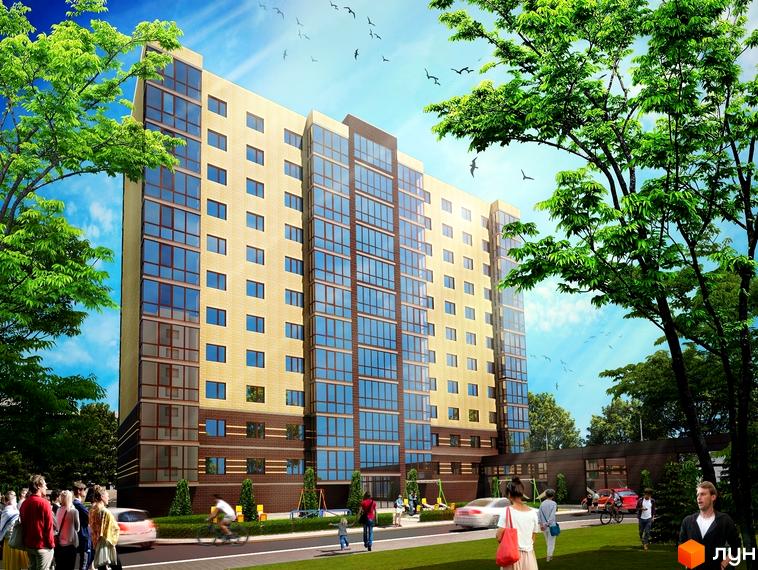 Зображення багатоповерхового будинку в ЖК Сімейний в Кам'янець-Подільському. Навколо зелена територія, люди та автомобілі.