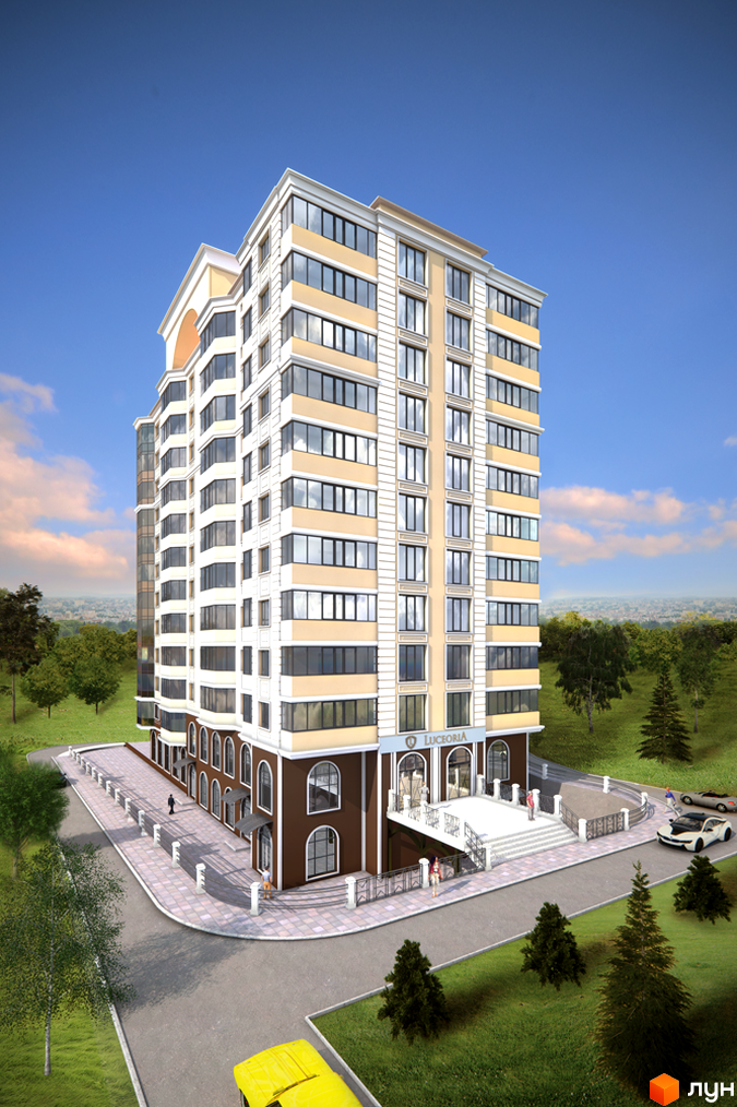 Зображення багатоповерхового будинку в Житловому комплексі Luceoria. Навколо будинку зелена територія з деревами та дорогою.