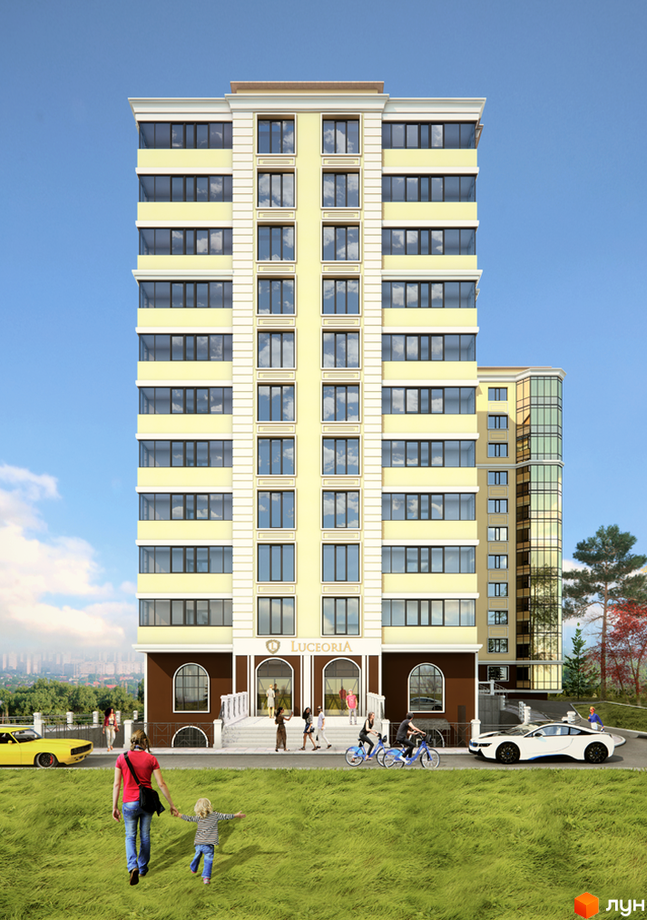 Зображення фасаду багатоповерхового будинку Житлового комплексу Luceoria. На передньому плані видно зелений газон та пішохідну зону.