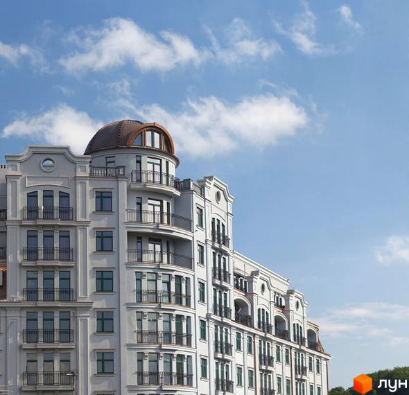 Житловий комплекс Зелена тераса з балконами та куполом на даху. Прибудинкова територія з зеленими насадженнями та облаштованими зонами відпочинку.