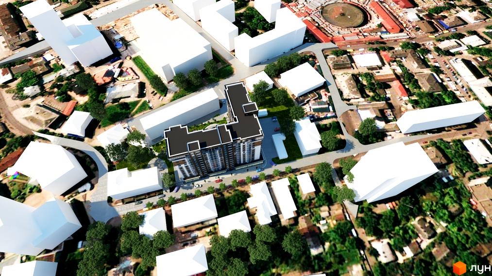 Зображення Житлового комплексу Театральний. Вигляд з висоти пташиного польоту на багатоповерховий будинок та прибудинкову територію.