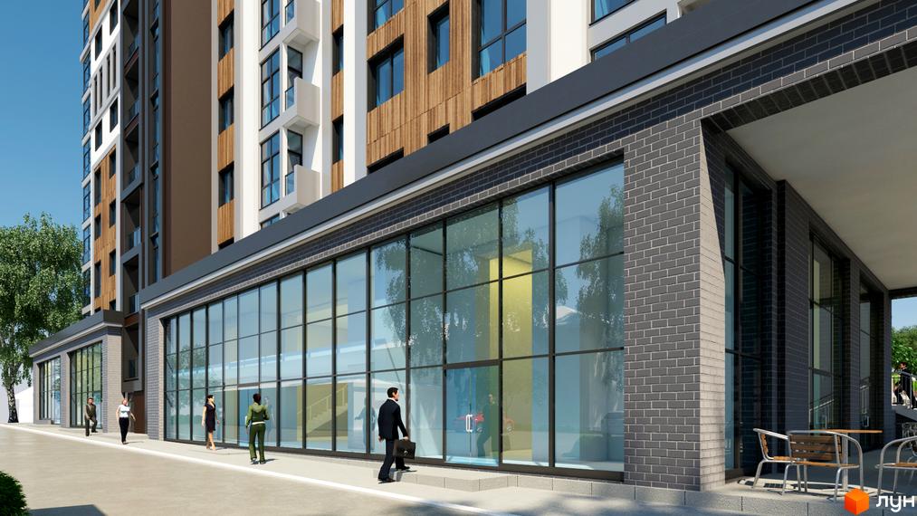 Зображення фасаду Житлового комплексу Театральний. Вигляд будівлі з великими вікнами та прилеглою територією.