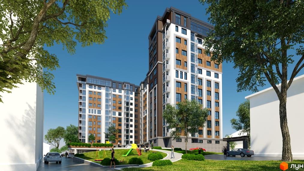 Зображення Житлового комплексу Театральний. Вигляд багатоповерхового будинку з прибудинковою територією, де є дитячий майданчик та зелені насадження.