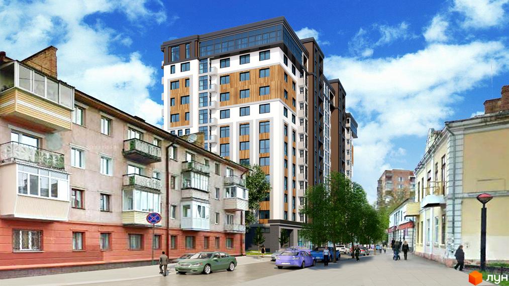 Зображення фасаду Житлового комплексу Театральний. Вигляд на багатоповерховий будинок з вікнами та балконами, поруч розташовані старі будівлі.