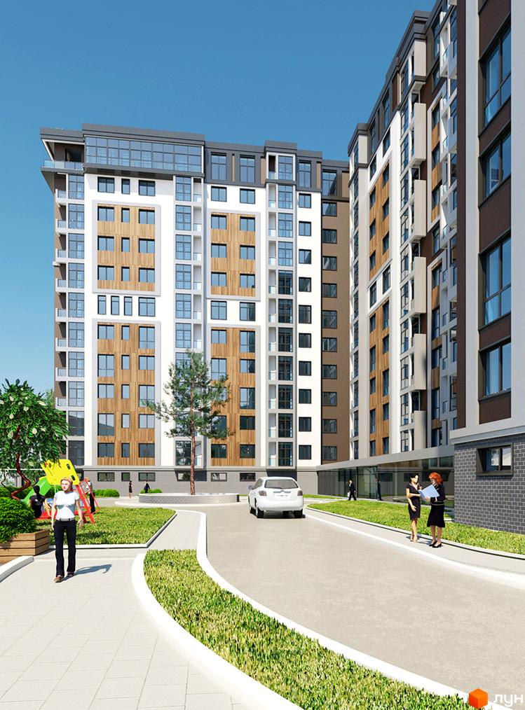 Зображення фасаду та прибудинкової території Житлового комплексу Театральний. Багатоповерхова будівля з великими вікнами та деревами на подвір'ї.