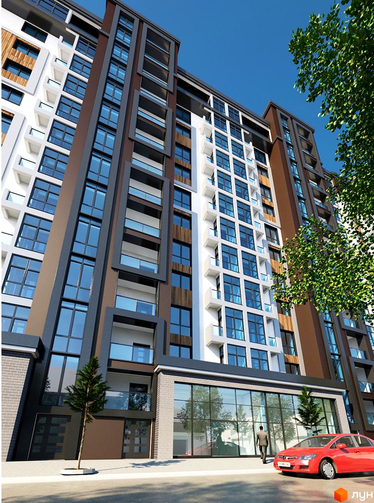 Зображення фасаду житлового комплексу Театральний. Багатоповерхова будівля з великими вікнами та балконами, поруч зелені насадження та червоний автомобіль.