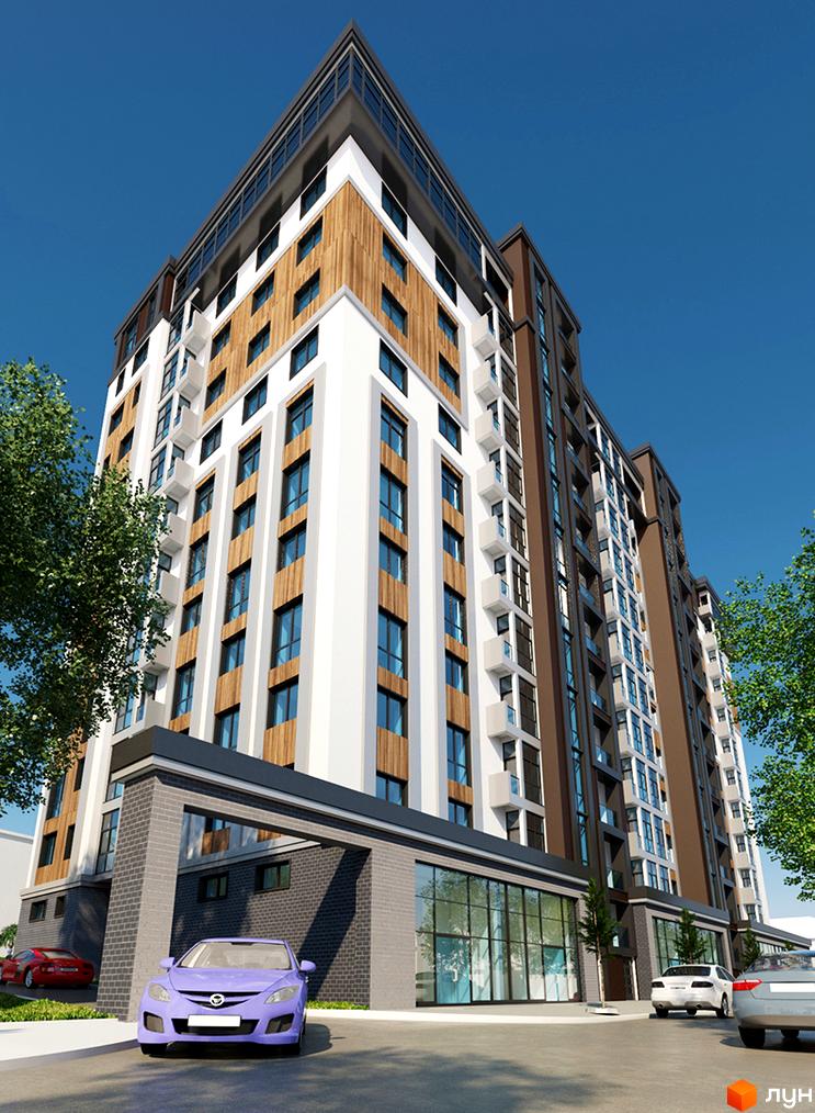 Зображення фасаду багатоповерхового будинку Житлового комплексу Театральний. Архітектура новобудови з великими вікнами та оздобленням деревом.