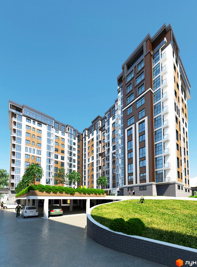 Зображення фасаду Житлового комплексу Театральний. Багатоповерхова будівля з великими вікнами та озелененою прибудинковою територією.