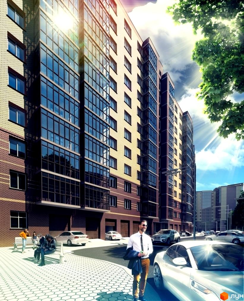 Зображення багатоповерхового будинку в Житловому комплексі Сімейний. На передньому плані припаркований автомобіль та людина.