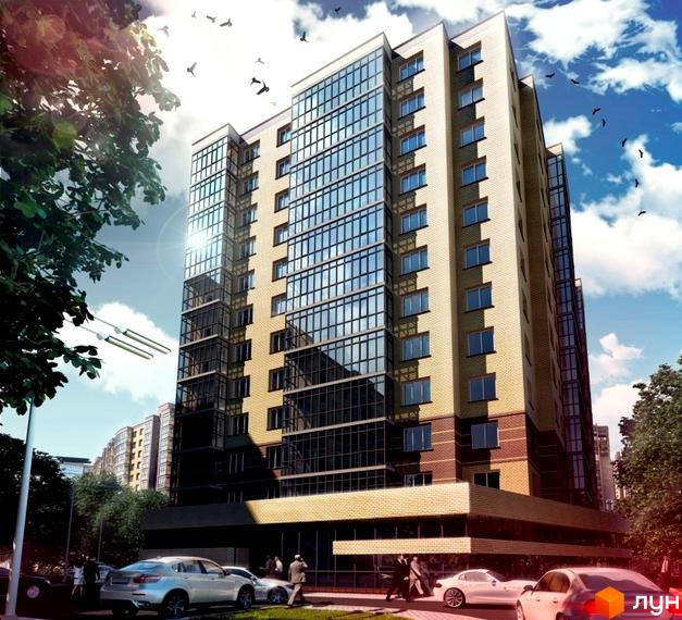 Зображення багатоповерхового будинку Житловий комплекс Сімейний з великими вікнами. На передньому плані припарковані автомобілі та пішоходи.