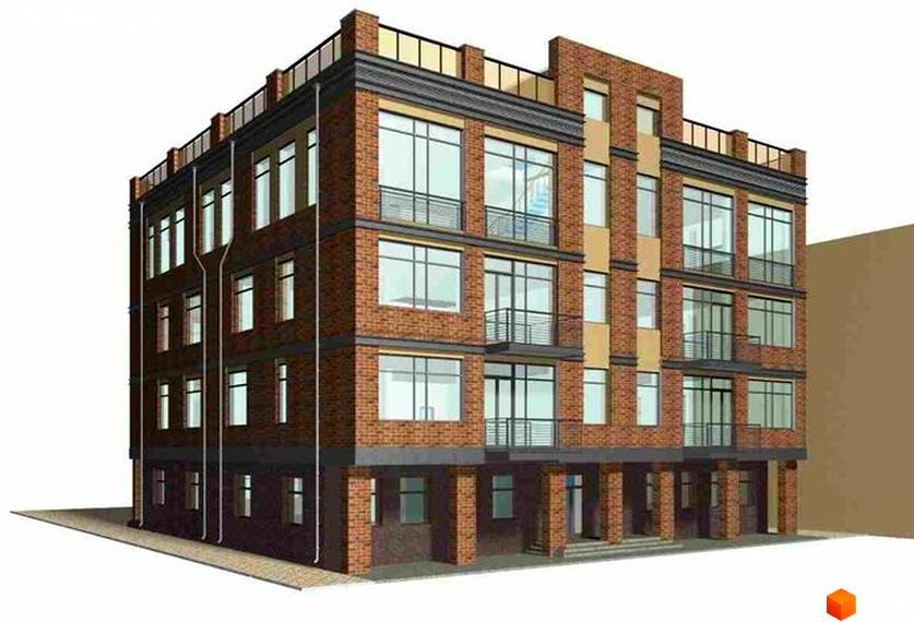 Зображення сторінки ЖК Лофт проект. Багатоповерховий будинок з цегляною кладкою, великими вікнами та балконами. На даху тераса з скляним огородженням.