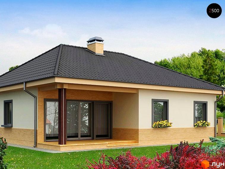 Одноповерховий будинок з темною черепичною покрівлею та великими вікнами. На прибудинковій території зелена трава, квіти та декоративні рослини.