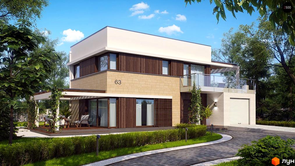 Двоповерховий будинок з дерев'яною обробкою та великими вікнами. На території є доріжка з бруківки, газон та дерева.