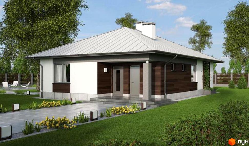 Одноповерховий будинок з білими стінами та темно-коричневою обшивкою. Перед будинком доглянута прибудинкова територія з газоном, доріжками та декоративними рослинами.