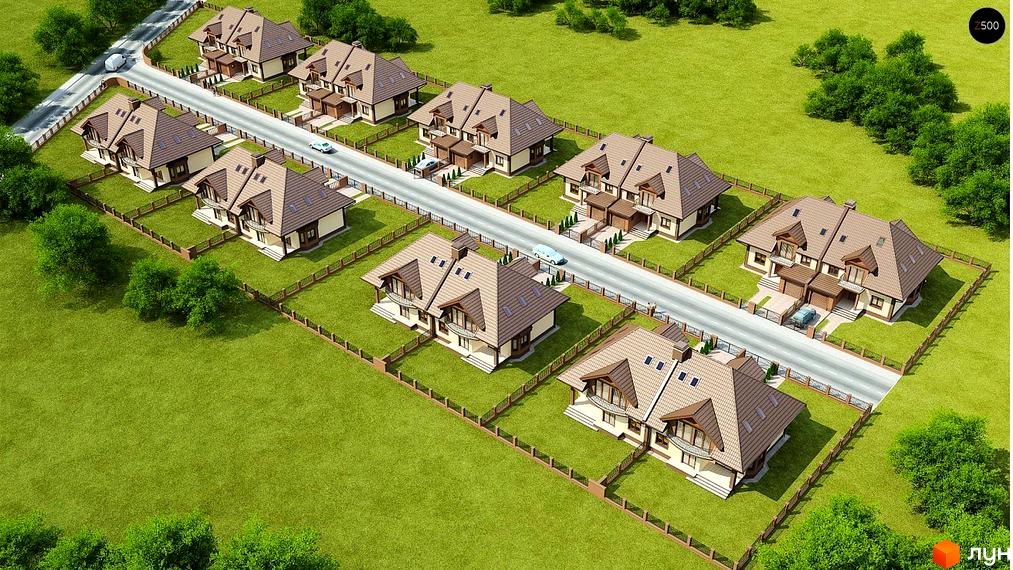 Котеджне містечко Хутір Демидово. Двоповерхові будинки з коричневою черепицею та світлими фасадами. Біля будинків доглянута зелена територія з огорожею.