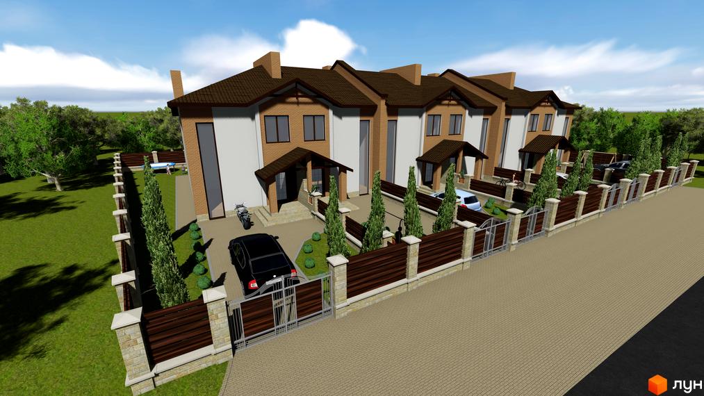 Зображення сторінки житлового комплексу Таунхаус „Наполі“. На фото зображено ряд двоповерхових будинків з коричневими дахами та білими фасадами. Перед будинками розташована доглянута прибудинкова територія з газоном, деревами та парканом.