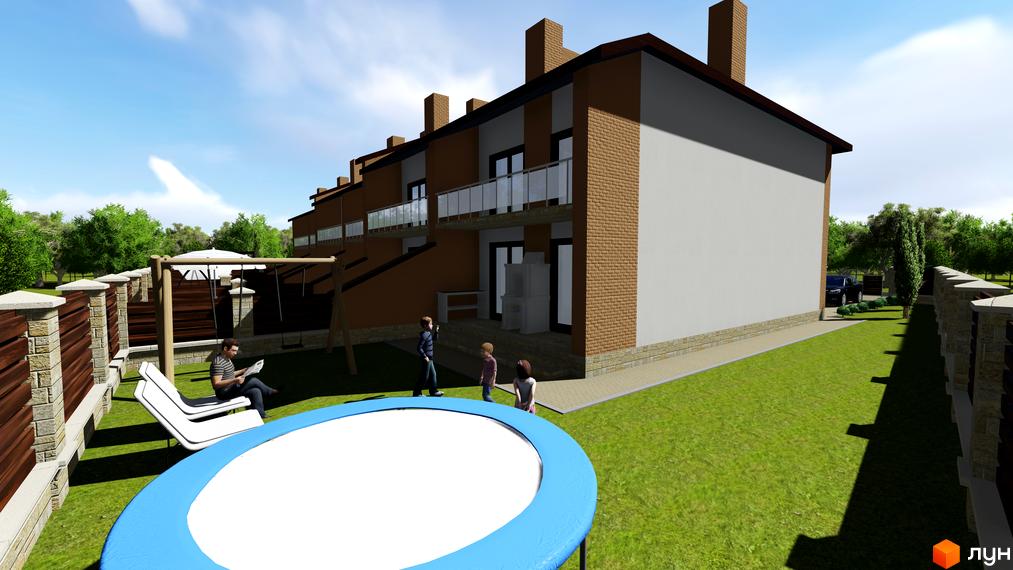 Зовнішній вигляд таунхауса «Наполі» з цегляним фасадом та балконами. На прибудинковій території розташовані дитячий майданчик, батут та зелена галявина.