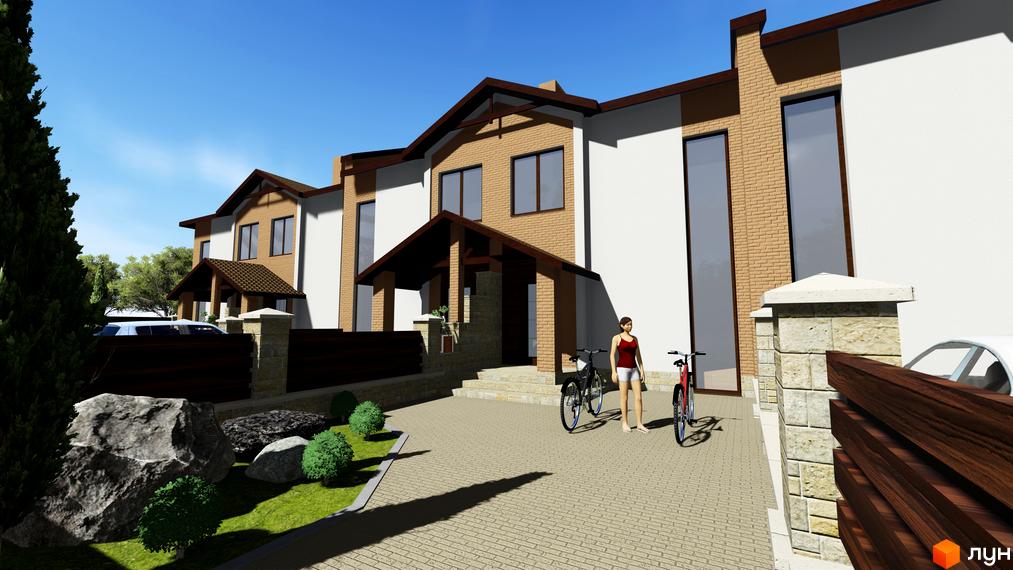 Зображення житлового будинку. Фасад виконаний з цегли та білого оздоблення. На передньому плані бруківка та зелені насадження.