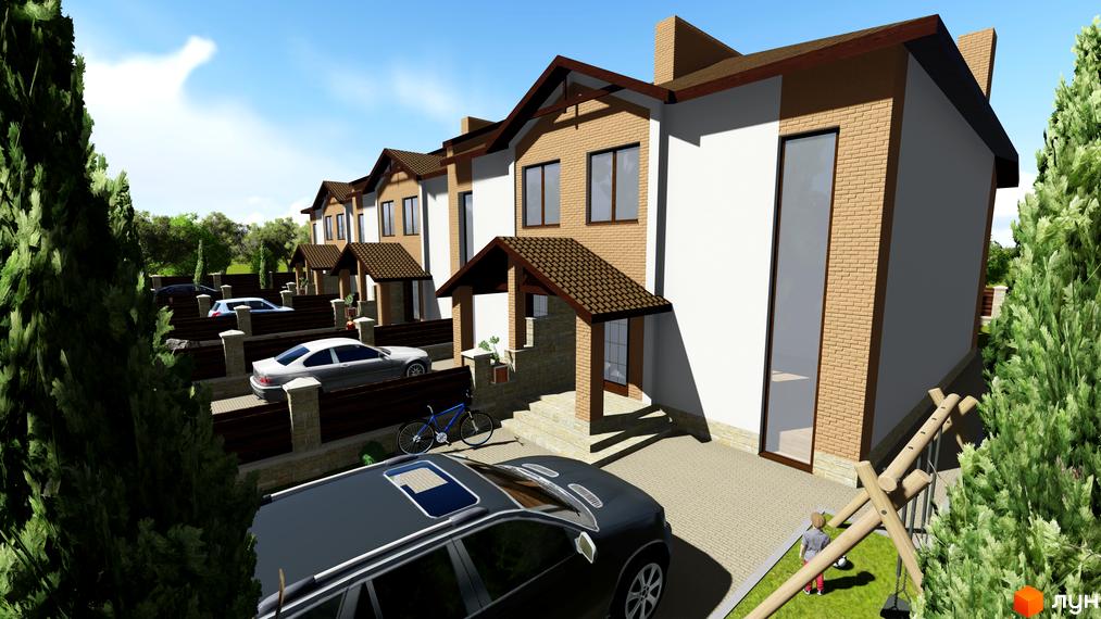 Зображення житлового комплексу з таунхаусами. На передньому плані припарковані автомобілі, поруч дитячий майданчик. Будинки з білими стінами та коричневими дахами.