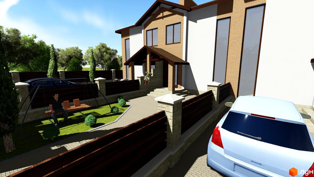 Зовнішній вигляд будинку з білими стінами та цегляними вставками. На території розташовані зелені насадження, доріжки та паркан.