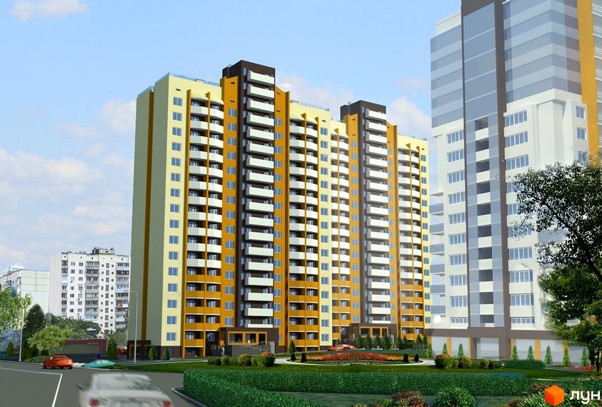 ЖК Північний. Високі будинки з великою кількістю вікон та балконів, розташовані поруч з іншими будівлями. На прибудинковій території є зелені насадження та дорога.