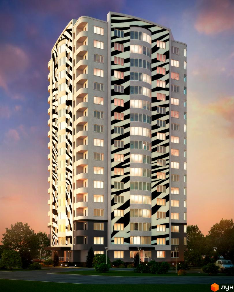 Висотна будівля з фасадом у вигляді зебри. Біля будинку розташована прибудинкова територія з деревами та газоном.